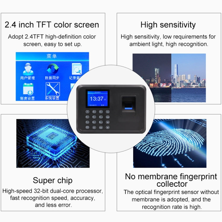 F01 Fingerprint Time Attendance Machine with 2.4 inch TFT Screen, EU Plug