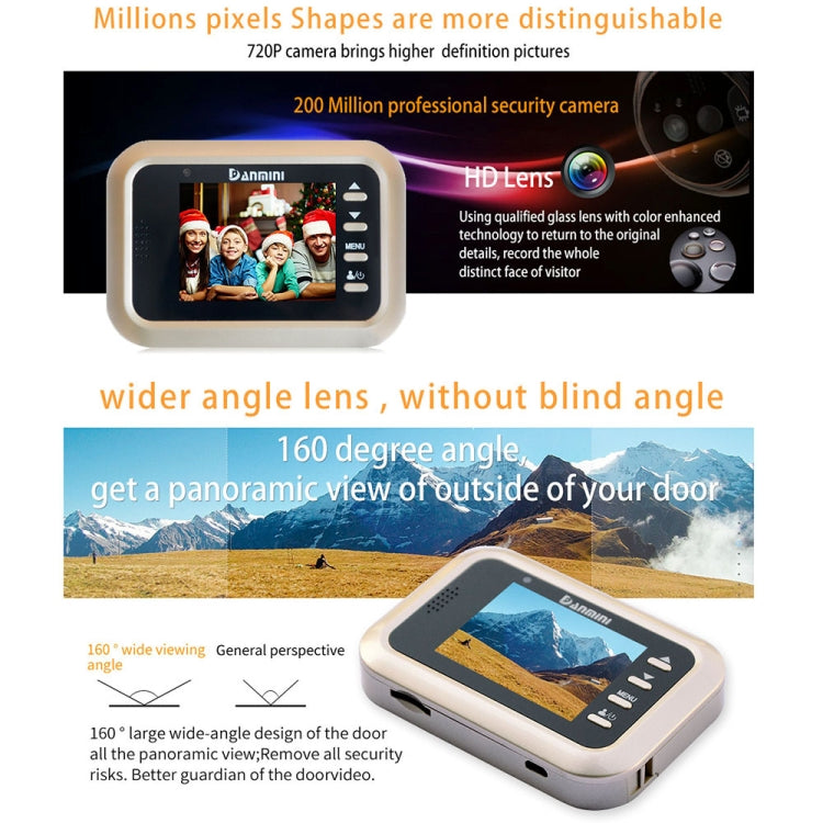 Danmini Q8 2.4 inch Color Screen 1.0MP Security Camera No Disturb Peephole Viewer, Support TF Card (32GB Max) / Night Vision / PIR Motion Detection(Gold)