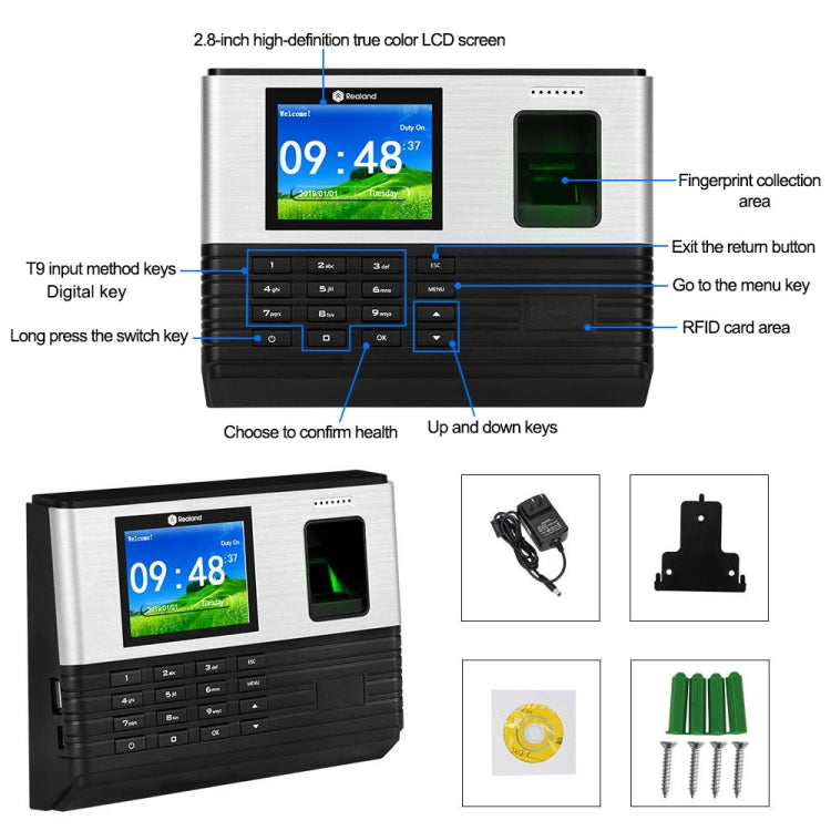 Realand AL355 Fingerprint Time Attendance with 2.8 inch Color Screen & ID Card Function & WiFi