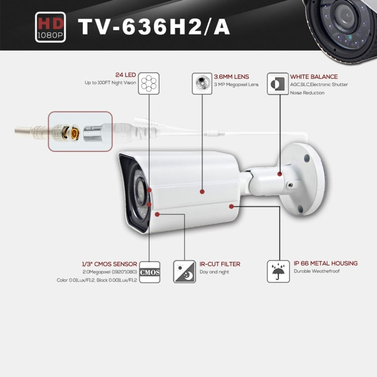 636A CE & RoHS Certificated Waterproof  3.6mm 3MP Lens AHD Camera with 24 IR LED, Support Night Vision & White Balance