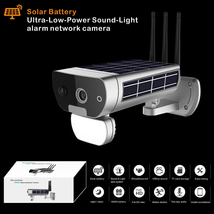T8 1080P Full HD Solar Battery Ultra Low Power Sound Light Alarm Network Camera, Support Motion Detection, Night Vision, Two Way Audio, TF Card