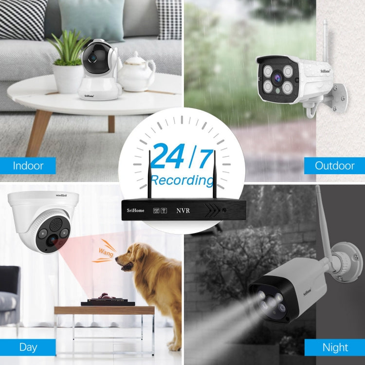 SriHome NVS001+IPC024 1080P 4-Channel NVR Kit Wireless Security Camera System, Support Humanoid Detection / Motion Detection / Two Way Audio / Night Vision, UK Plug