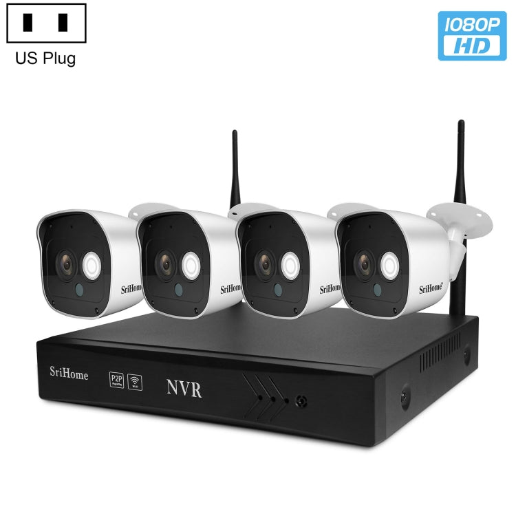 SriHome NVS001+IPC029 1080P 4-Channel NVR Kit Wireless Security Camera System, Support Humanoid Detection / Motion Detection / Night Vision, US Plug