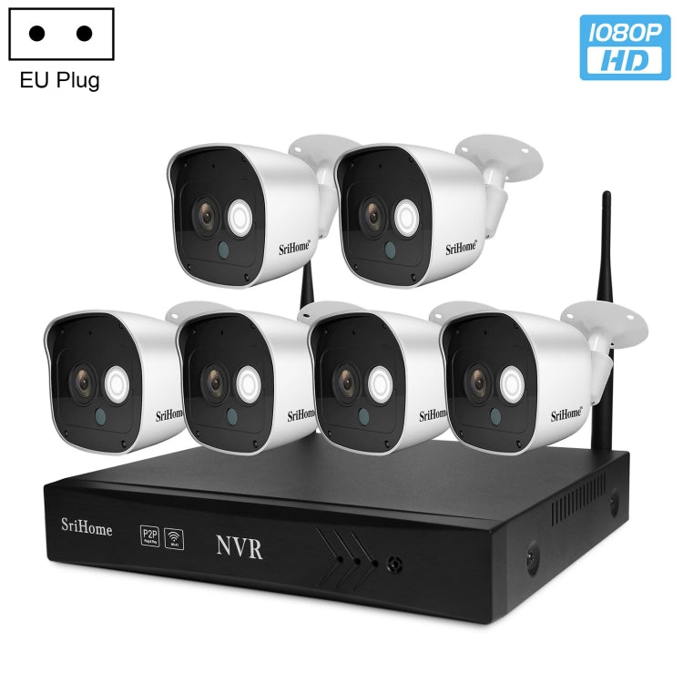 SriHome NVS001+IPC029 1080P 6-Channel NVR Kit Wireless Security Camera System, Support Humanoid Detection / Motion Detection / Night Vision, EU Plug