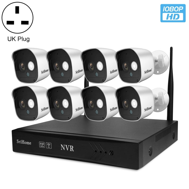 SriHome NVS001+IPC029 1080P 8-Channel NVR Kit Wireless Security Camera System, Support Humanoid Detection / Motion Detection / Night Vision, UK Plug