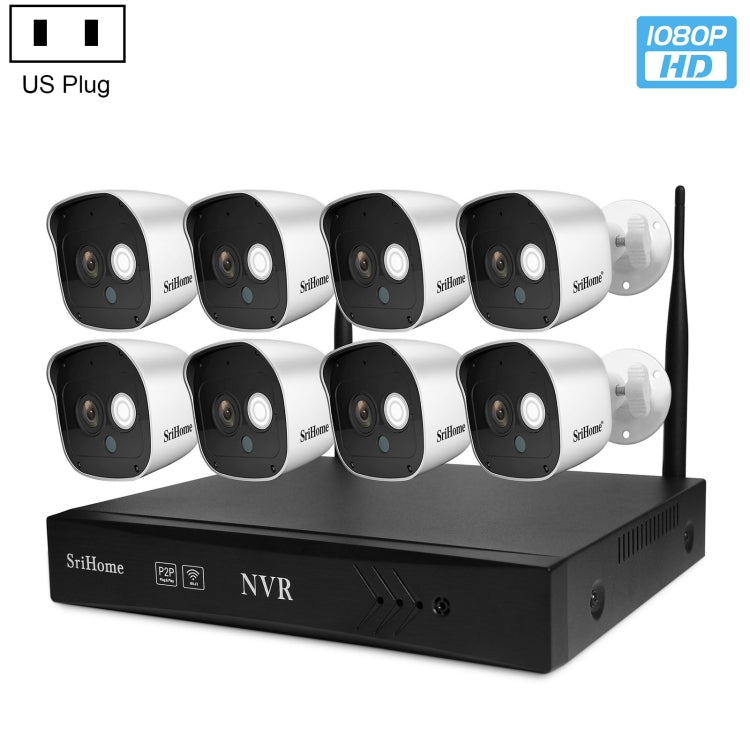 SriHome NVS001+IPC029 1080P 8-Channel NVR Kit Wireless Security Camera System, Support Humanoid Detection / Motion Detection / Night Vision, US Plug