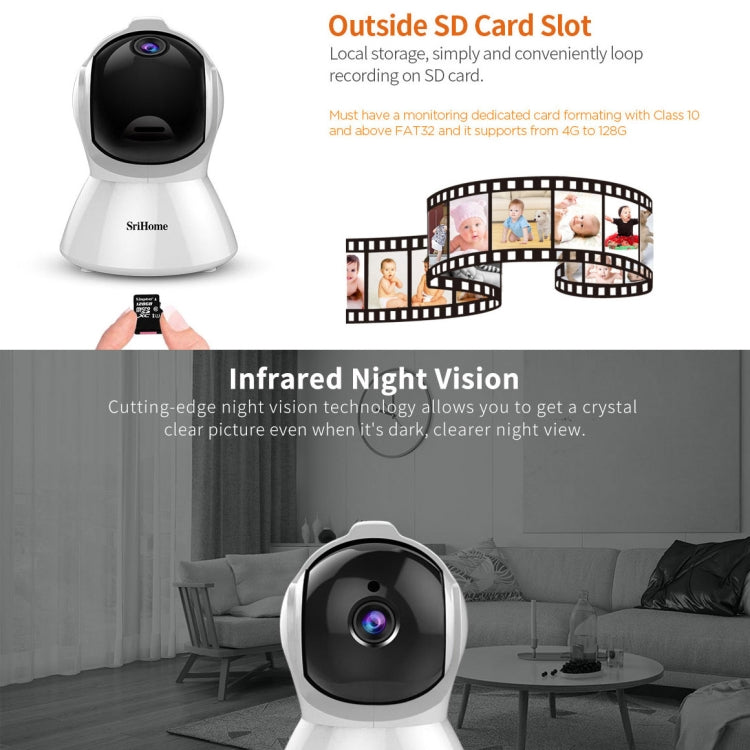 SriHome SH025 2.0 Million Pixels 1080P HD AI Auto-tracking IP Camera, Support Two Way Audio / Motion Tracking / Humanoid Detection / Night Vision / TF Card, EU Plug