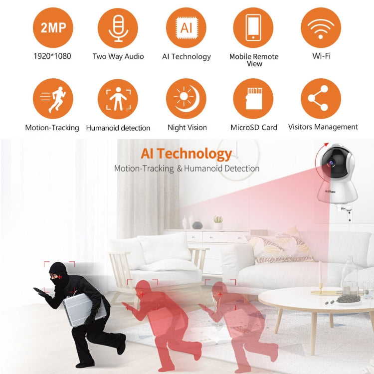 SriHome SH025 2.0 Million Pixels 1080P HD AI Auto-tracking IP Camera, Support Two Way Audio / Motion Tracking / Humanoid Detection / Night Vision / TF Card, US Plug