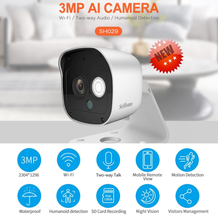 SriHome SH029 3.0 Million Pixels 1296P HD AI Camera, Support Two Way Talk / Motion Detection / Humanoid Detection / Night Vision / TF Card, AU Plug