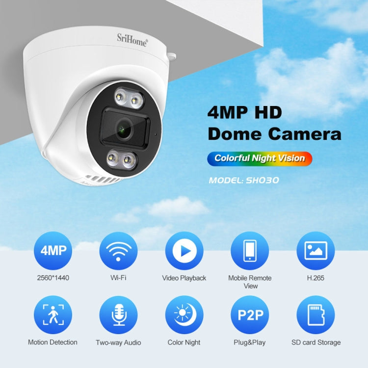 SriHome SH030 4MP 1440P HD IP Camera, Support Two Way Talk / Motion Detection / Humanoid Detection / Night Vision / TF Card, UK Plug