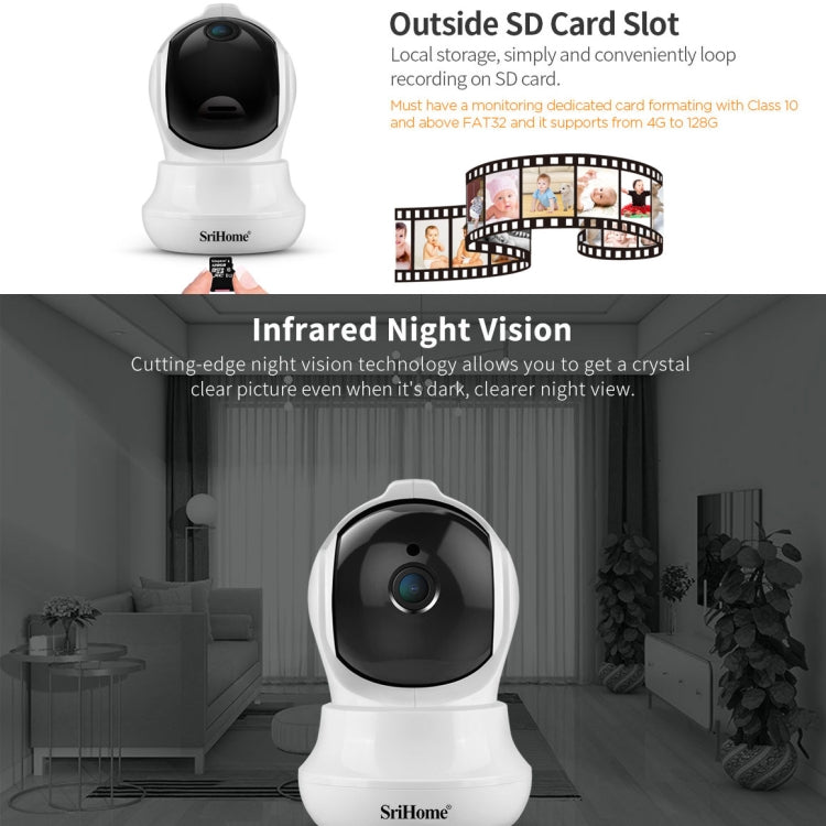 SriHome SH020 3.0 Million Pixels 1296P HD AI IP Camera, Support Two Way Talk / Auto Tracking / Humanoid Detection / Night Vision / TF Card, AU Plug