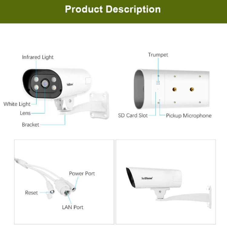 SriHome SH037B 4MP Full Color Night Vision IP66 Waterproof Bullet Camera, POE Version, US Plug