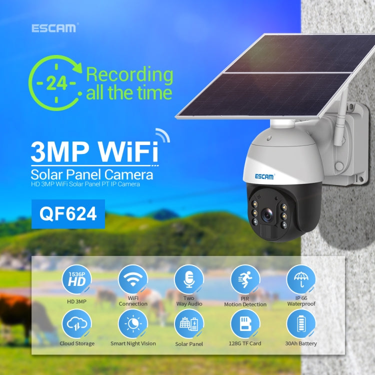 ESCAM QF624 3MP HD IP66 Waterproof WiFi Solar Panel PT IP Camera without Battery