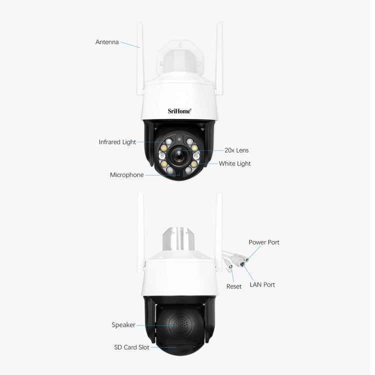 SriHome SH041 5.0MP 20X Optical Zoom 2.4G/5G WiFi IP66 Waterproof AI Auto Tracking H.265 Video Surveillance, Plug Type:UK Plug(White)