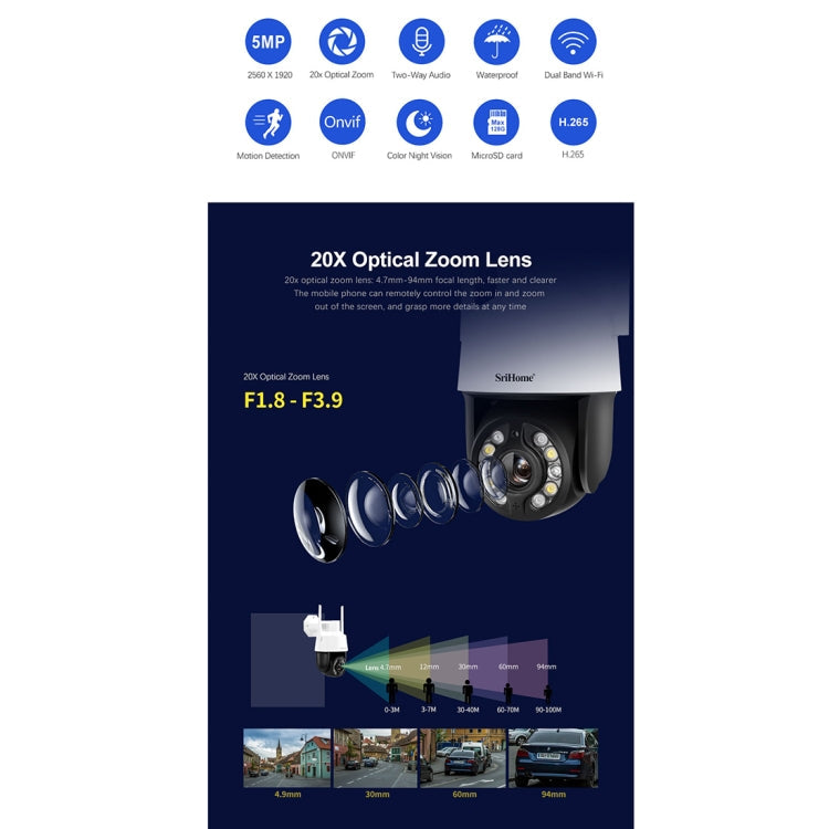 SriHome SH041 5.0MP 20X Optical Zoom 2.4G/5G WiFi IP66 Waterproof AI Auto Tracking H.265 Video Surveillance, Plug Type:AU Plug(White)