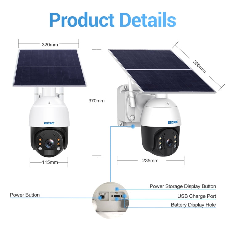 ESCAM QF724 3MP 24h Recording Cloud Storage PT 4G PIR Alarm IP Camera with Solar Panel, European Signal Bands