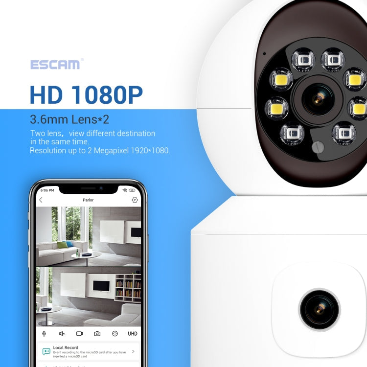 ESCAM QF010 2x2MP Dual Lens Dual Screen Surveillance WiFi Camera Support Two-way Voice & Motion Detection(EU Plug)