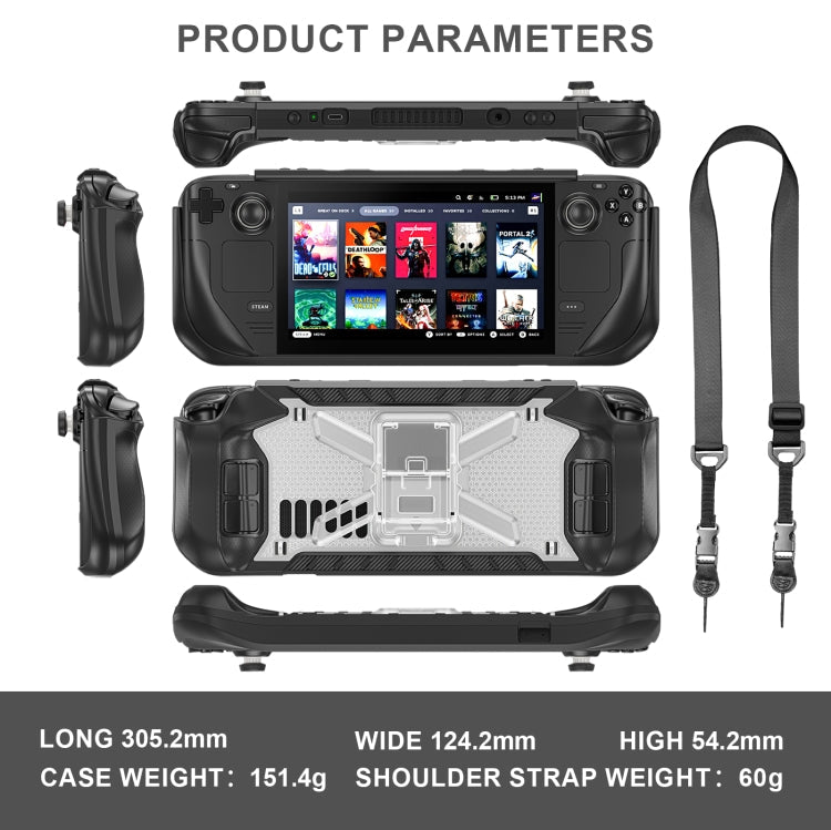 For Steam Deck Shockproof Game Console Case with Holder & Shoulder Strap(Black+Transparent)