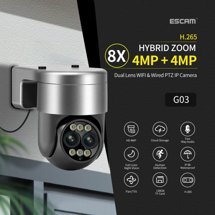 ESCAM G03 2x4MP Dual Lens Zoom 8X Dual Light Source WiFi Camera Support Two-way Voice & Motion Detection(EU Plug)