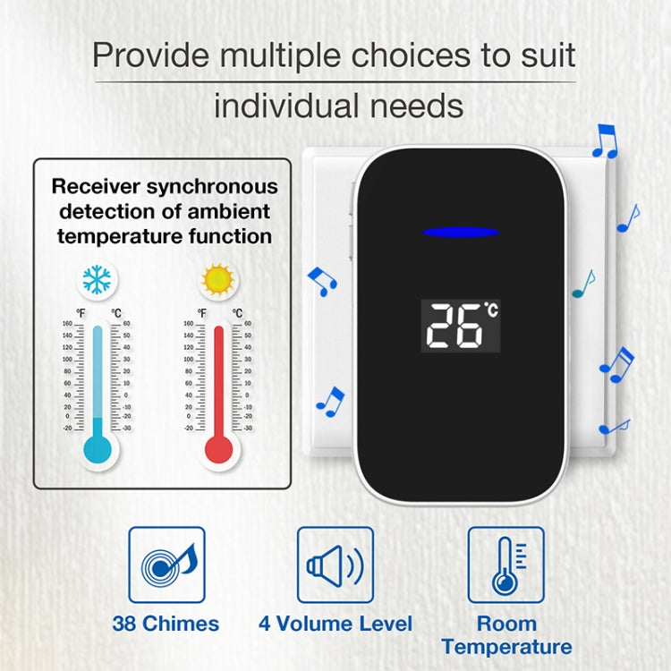 C302B One to Two Home Wireless Doorbell Temperature Digital Display Remote Control Elderly Pager, UK Plug(White)