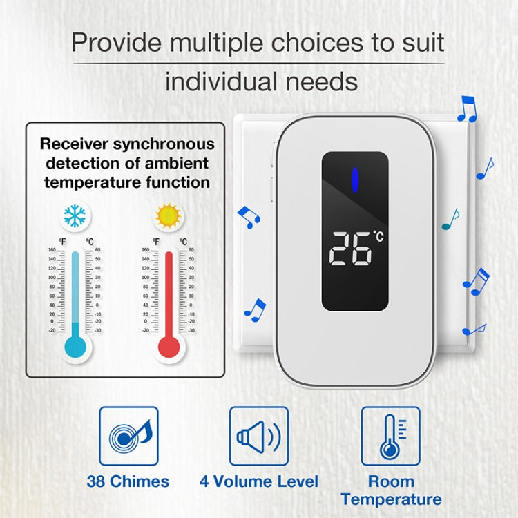 C303B One to One Home Wireless Doorbell Temperature Digital Display Remote Control Elderly Pager, EU Plug(White)