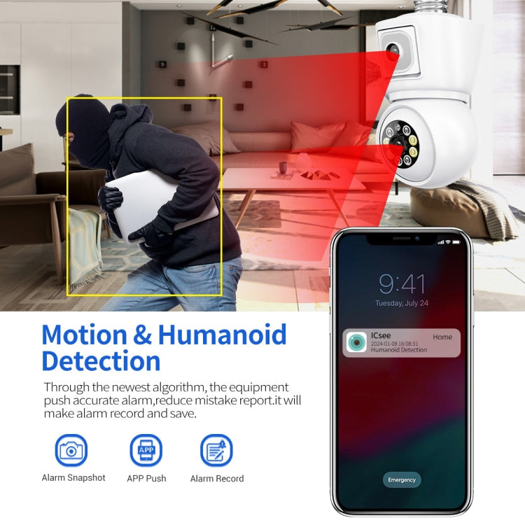 ESCAM QF202 E27 2x2MP Dual Lens Motion Detection Waterproof WiFi IP Two Way Audio Night Vision Camera(White)