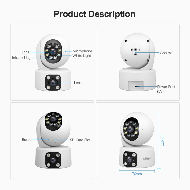 SriHome SH049 2MP + 2MP Humanoid Tracking Smart Night Vision Dual Lens HD IP Camera(EU Plug)