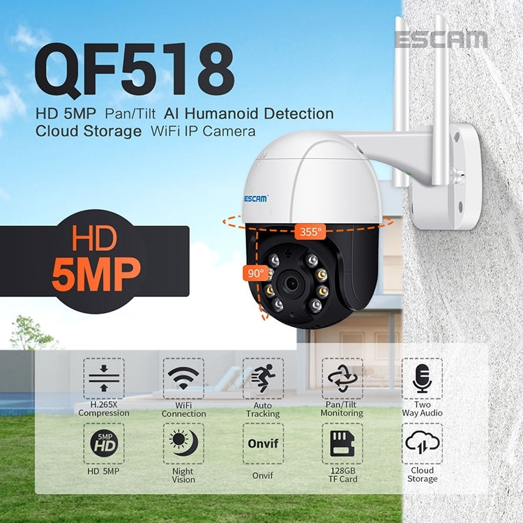 ESCAM QF518 5MP Smart WiFi IP Camera, Support AI Humanoid Detection / Auto Tracking / Dual Light Night Vision / Cloud Storage / Two Way Audio / TF Card, Plug:US Plug(White)