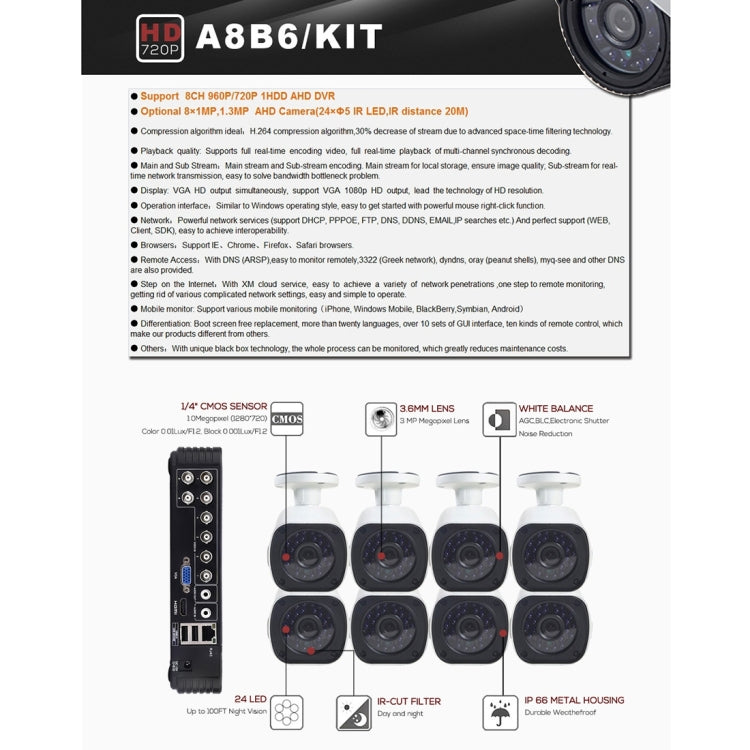 A8B6 8Ch Bullet IP Camera NVR Kit, Support Night Vision / Motion Detection, IR Distance: 15m