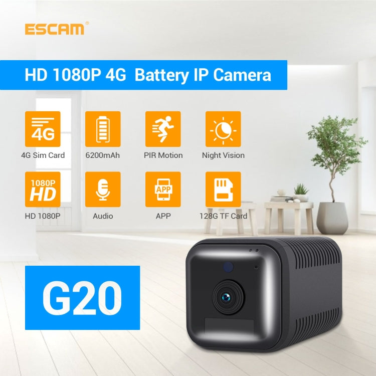 ESCAM G20 4G EU Version 1080P Full HD Rechargeable Battery WiFi IP Camera, Support Night Vision / PIR Motion Detection / TF Card / Two Way Audio(Black)