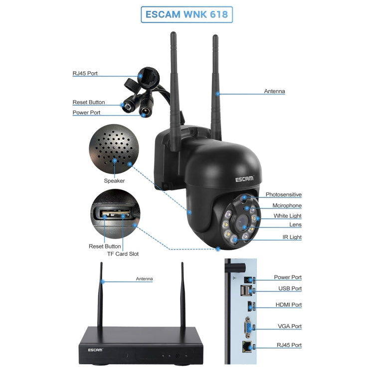 ESCAM WNK618 3.0 Million Pixels 8-channel Wireless Dome Camera HD NVR Security System, Support Motion Detection & Two-way Audio & Full-color Night Vision & TF Card, UK Plug