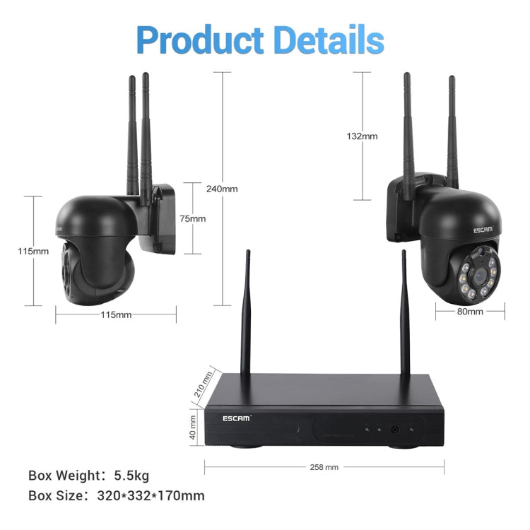 ESCAM WNK618 3.0 Million Pixels 8-channel Wireless Dome Camera HD NVR Security System, Support Motion Detection & Two-way Audio & Full-color Night Vision & TF Card, US Plug