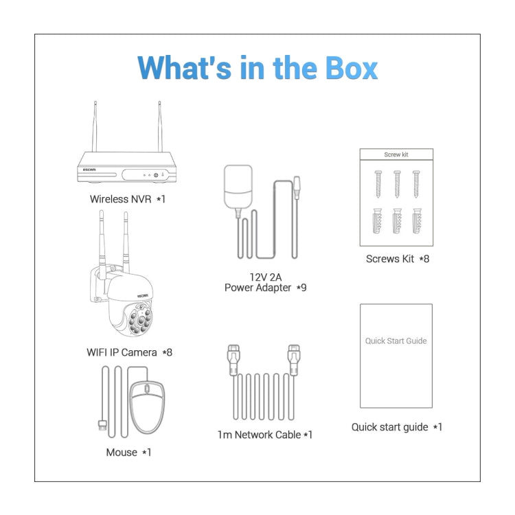 ESCAM WNK618 3.0 Million Pixels 8-channel Wireless Dome Camera HD NVR Security System, Support Motion Detection & Two-way Audio & Full-color Night Vision & TF Card, US Plug