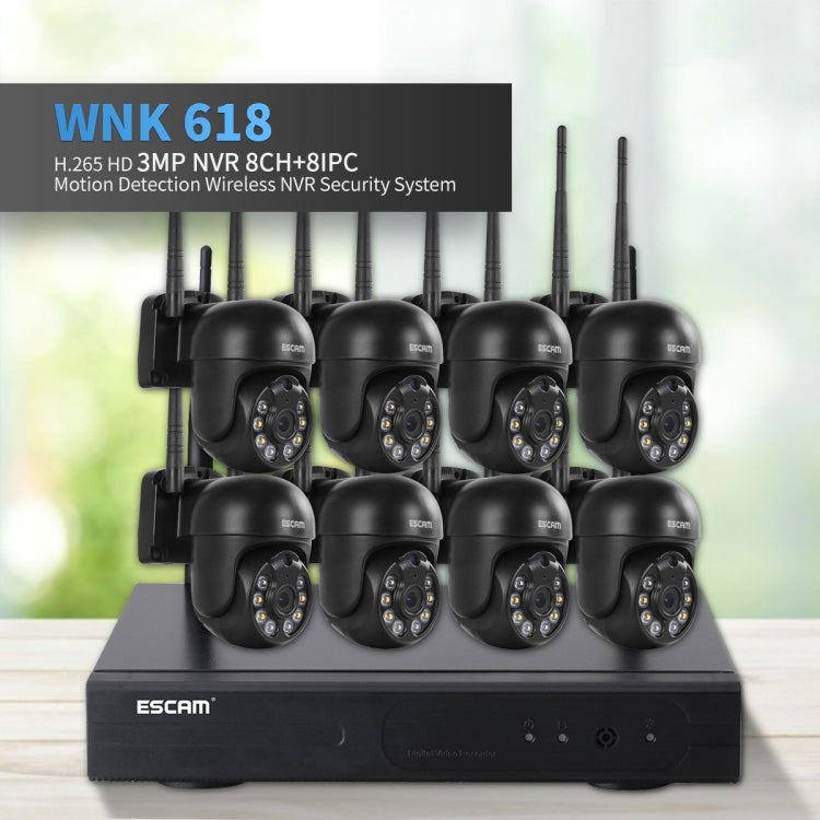 ESCAM WNK618 3.0 Million Pixels 8-channel Wireless Dome Camera HD NVR Security System, Support Motion Detection & Two-way Audio & Full-color Night Vision & TF Card, UK Plug