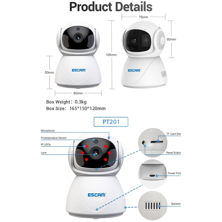 ESCAM PT201 HD 1080P Dual-band WiFi IP Camera, Support Night Vision / Motion Detection / Auto Tracking / TF Card / Two-way Audio, UK Plug