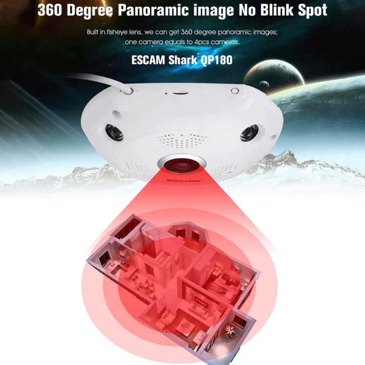 ESCAM Shark QP180 960P 360 Degrees Fisheye Lens 1.3MP WiFi IP Camera, Support Motion Detection / Night Vision, IR Distance: 10m