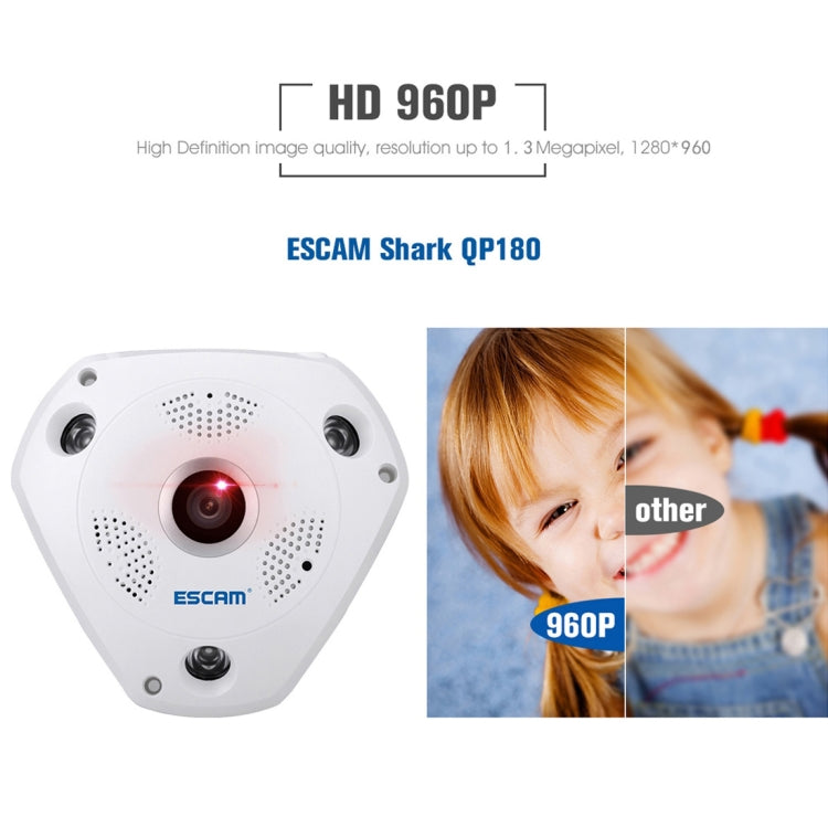 ESCAM Shark QP180 960P 360 Degrees Fisheye Lens 1.3MP WiFi IP Camera, Support Motion Detection / Night Vision, IR Distance: 10m