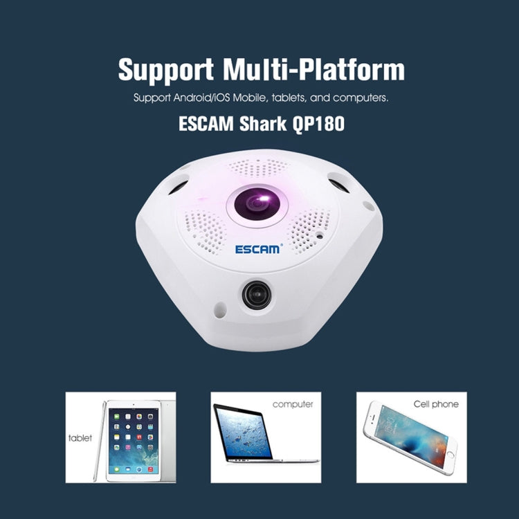 ESCAM Shark QP180 960P 360 Degrees Fisheye Lens 1.3MP WiFi IP Camera, Support Motion Detection / Night Vision, IR Distance: 10m