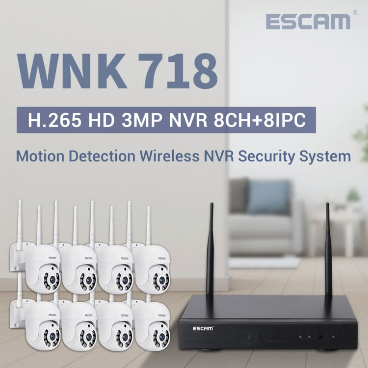 ESCAM WNK718 HD 3.0 Million Pixels 8-channel Wireless + 8IPC Wireless NVR Security System, EU Plug