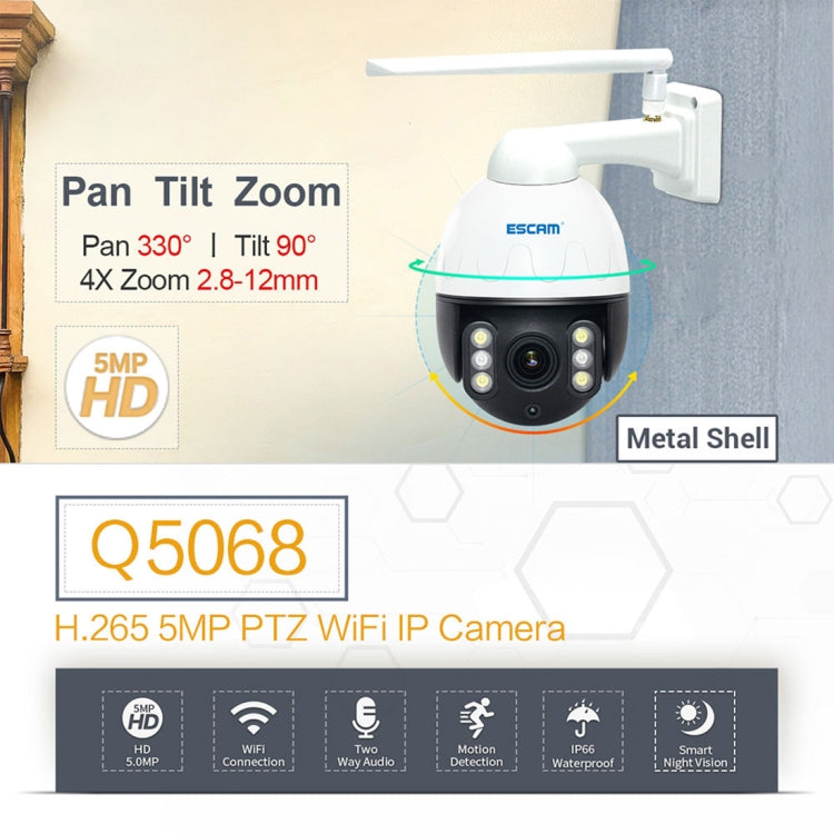 ESCAM Q5068 H.265 5MP Pan / Tilt / 4X Zoom WiFi Waterproof IP Camera, Support ONVIF Two Way Talk & Night Vision, UK Plug