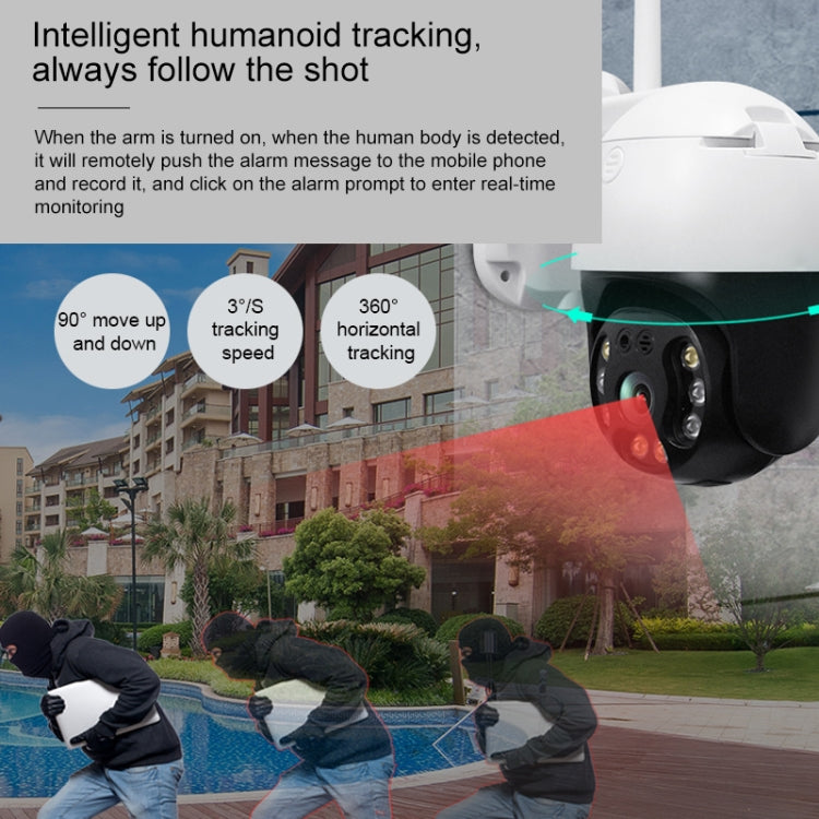 QX36 1080P 3.0MP 3.6mm Lens IP65 Waterproof PTZ 360 Degree Rotating WIFI Camera, Support Day and Night Full Color & Two-way Voice Intercom & Motion Humanoid Detection & Video Playback & 128GB TF Card, US Plug