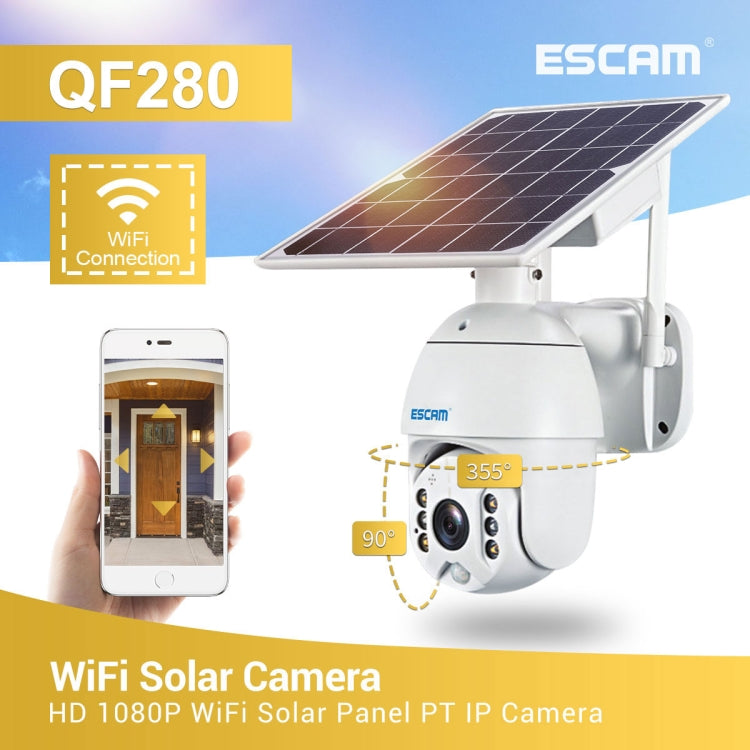 ESCAM QF280 HD 1080P IP66 Waterproof WiFi Solar Panel PT IP Camera without Battery, Support Night Vision / Motion Detection / TF Card / Two Way Audio (White)