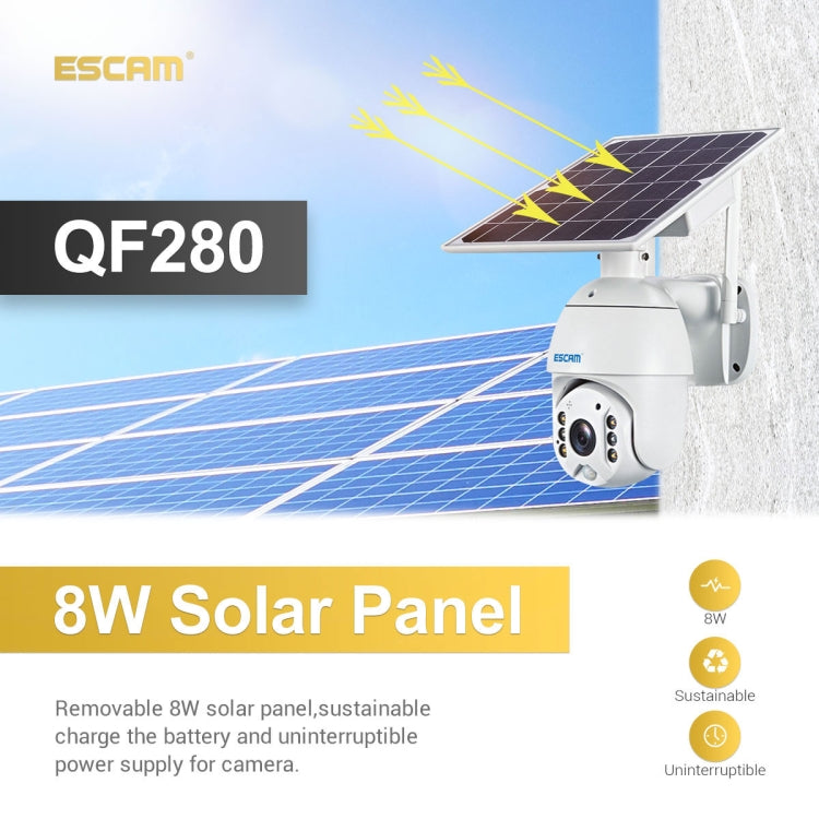 ESCAM QF280 HD 1080P IP66 Waterproof WiFi Solar Panel PT IP Camera without Battery, Support Night Vision / Motion Detection / TF Card / Two Way Audio (White)