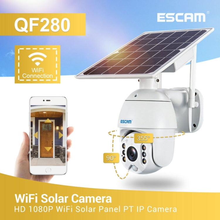 ESCAM QF280 HD 1080P IP66 Waterproof WiFi Solar Panel PT IP Camera with Battery, Support Night Vision / Motion Detection / TF Card / Two Way Audio (White)