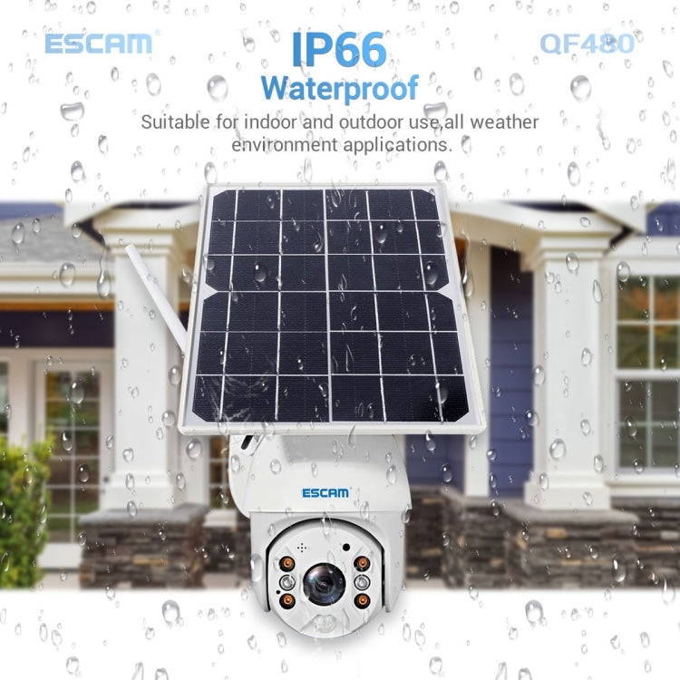 ESCAM QF480 US Version HD 1080P IP66 Waterproof 4G Solar Panel PT IP Camera without Battery, Support Night Vision / Motion Detection / TF Card / Two Way Audio (White)