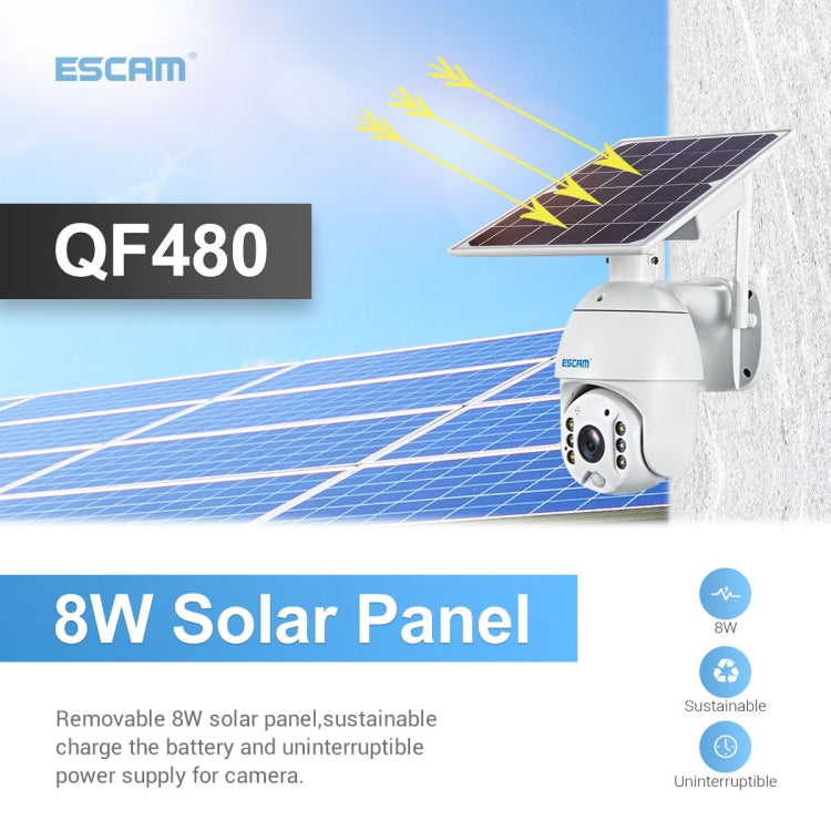 ESCAM QF480 US Version HD 1080P IP66 Waterproof 4G Solar Panel PT IP Camera without Battery, Support Night Vision / Motion Detection / TF Card / Two Way Audio (White)
