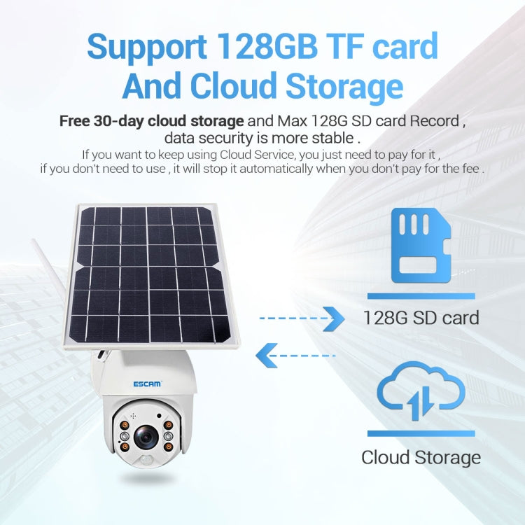 ESCAM QF480 US Version HD 1080P IP66 Waterproof 4G Solar Panel PT IP Camera with Battery, Support Night Vision / Motion Detection / TF Card / Two Way Audio (White)