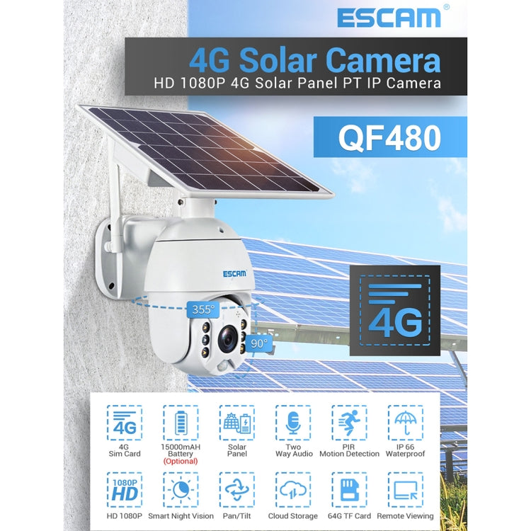 ESCAM QF480 EU Version HD 1080P IP66 Waterproof 4G Solar Panel PT IP Camera with Battery, Support Night Vision / Motion Detection / TF Card / Two Way Audio (White)