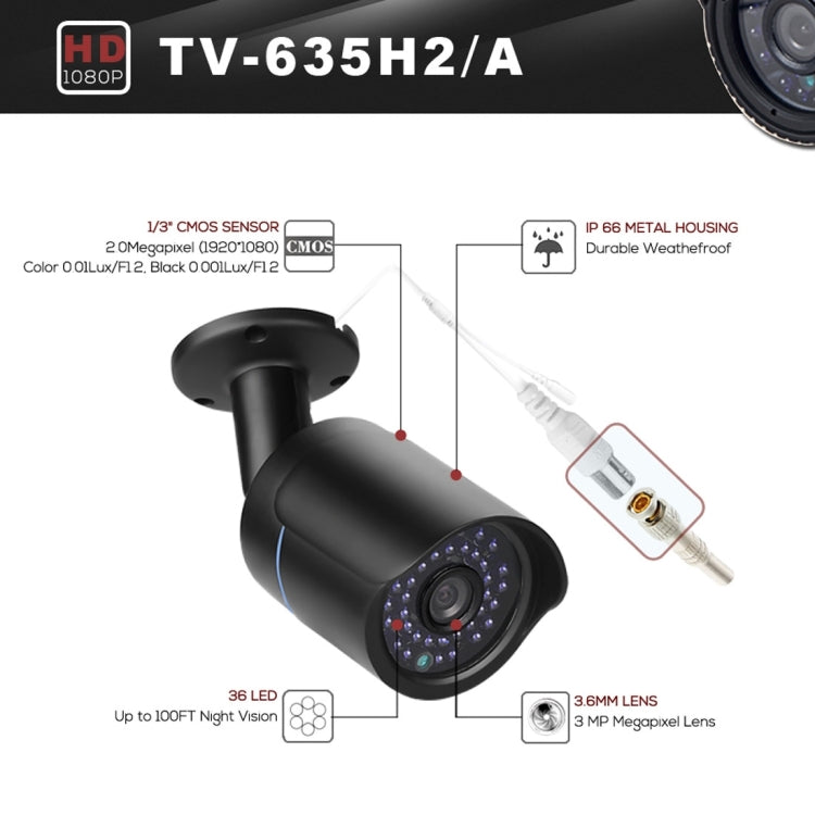 TV-635H2/A IP66 Waterproof 1920x1080P AHD Camera, 1/2.7 inch 2MP CMOS Sensor Lens, Motion Detection, 20m IR Night Vision, CE & RoHS Certificated(Black)