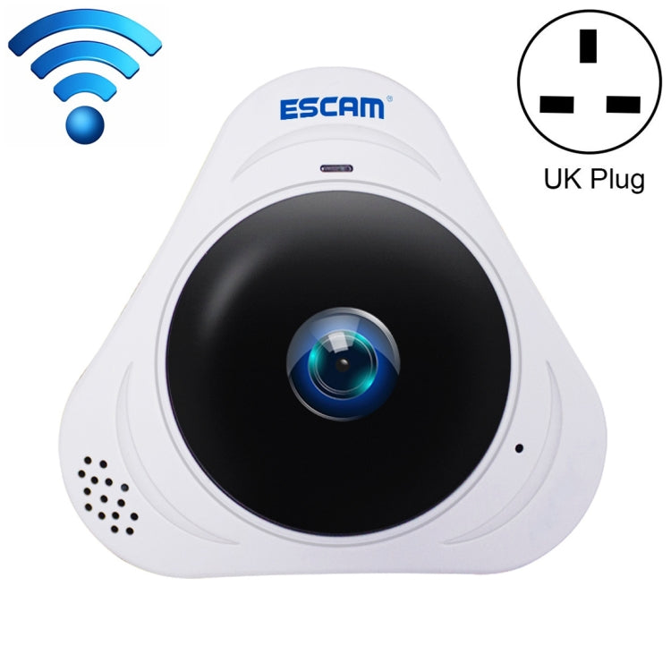 ESCAM Q8 960P 360 Degrees Fisheye Lens 1.3MP WiFi IP Camera, Support Motion Detection / Night Vision, IR Distance: 5-10m, UK Plug(White)